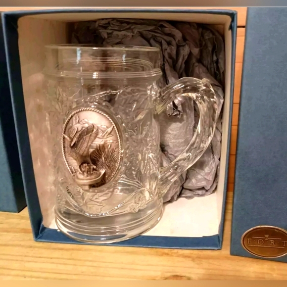 Glass beer steins pewter fisherman and sandhill crane from Fort retro barware - Picture 8 of 12